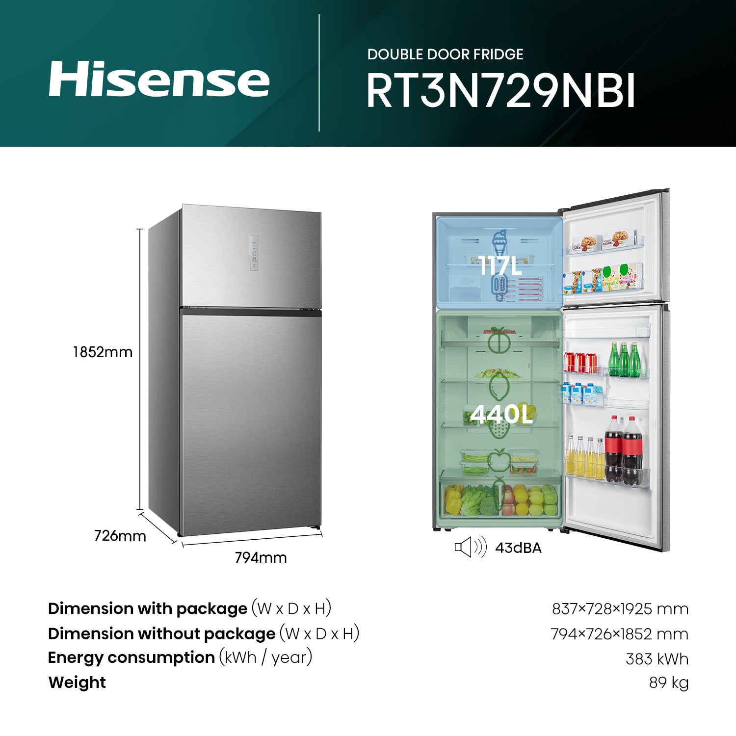 Hisense refrigerator RT3N729NBI – 557 L Net Capacity, Top Mount Refrigerator
